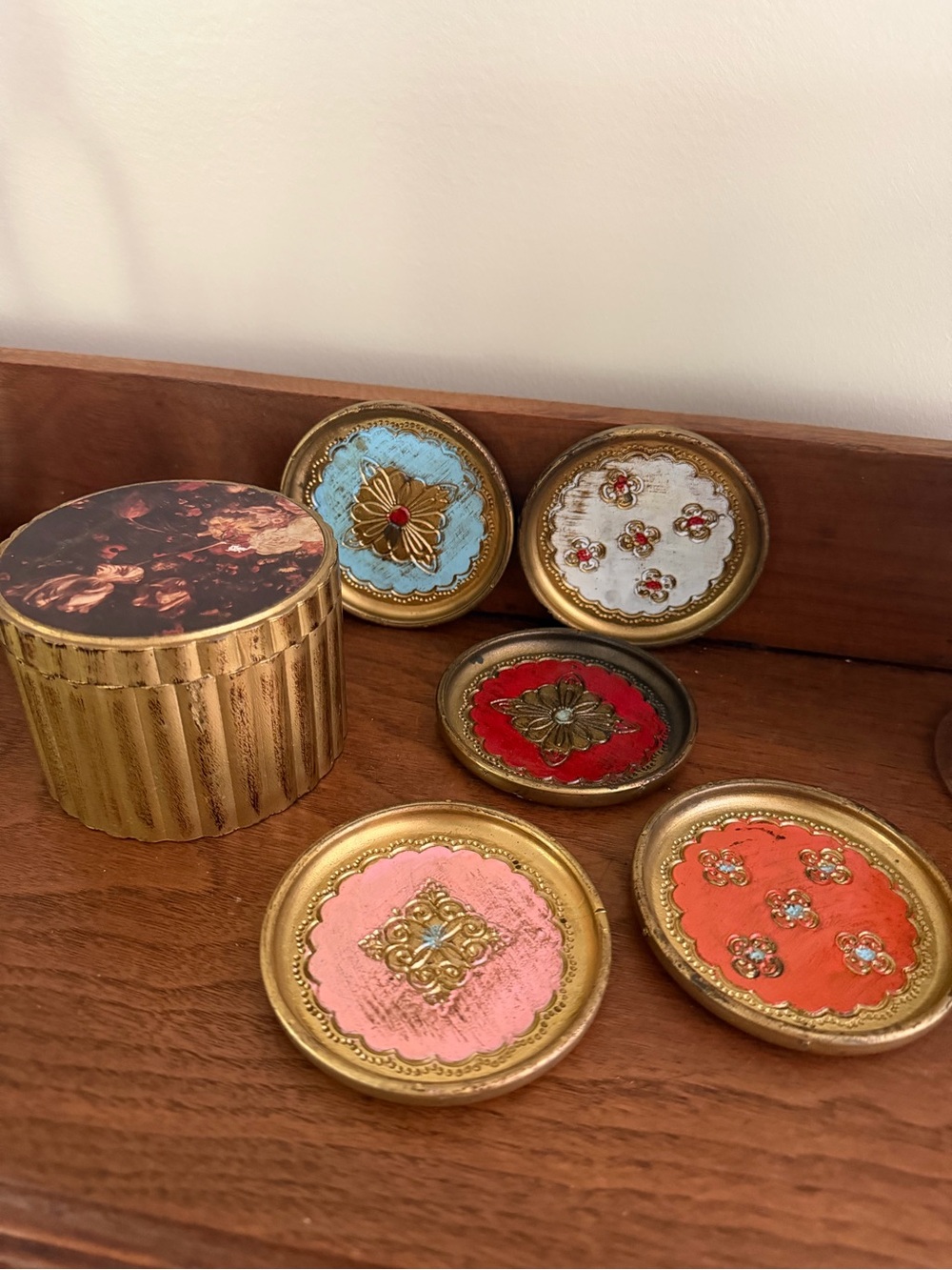 Florentine Decorative Gold Trimmed Accent Coaster Set with Case - Multicolor